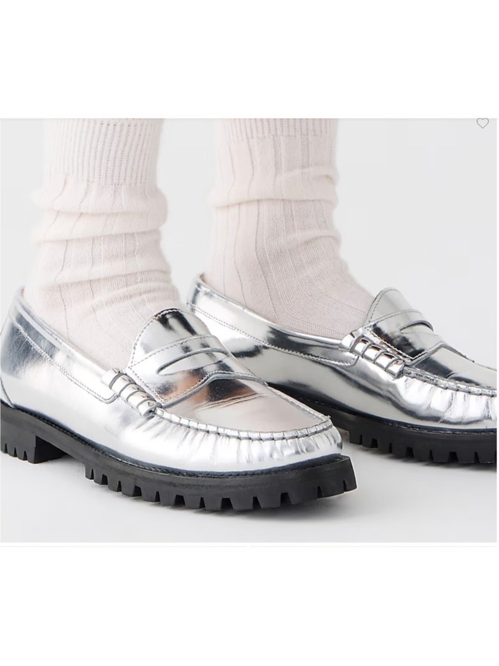 J Crew Winona lug-sole penny loafers in Metallic Silver Leather Sz 8 New in box